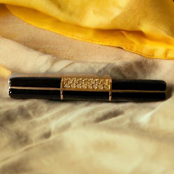 Swarovski Brooch Pin Vintage Black Enamel And Crystal Bar Style Swan Signed - Picture 1 of 13